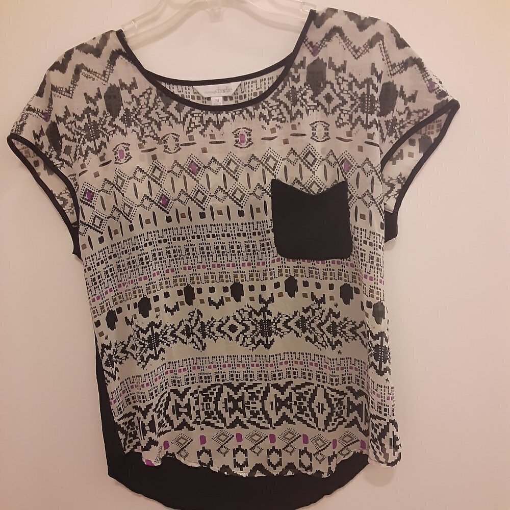 Charming Charlie Mt Black/White/Pink Sleeveless Top w/Scoop Neckline & Pocket